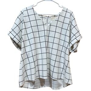 Melloday White Grid Print V-Neck Short Sleeve Top Blouse Size‎ XL